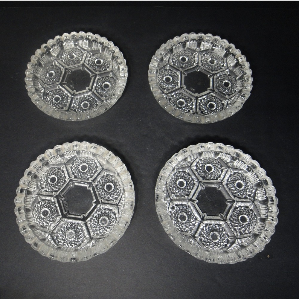 VTG Clear Pressed Glass Coasters Ashtray Set of 4 Starburst Sawtooth Edge 4.25"